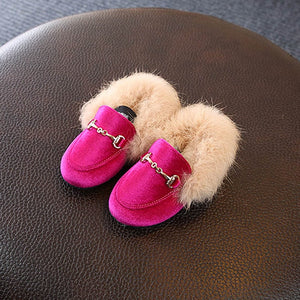 New Winter Kids Fur Shoes Baby Girls Warm Flats Children Pu Leather Princess Shoes Toddler Brand Black Loafer Fashion Moccasin